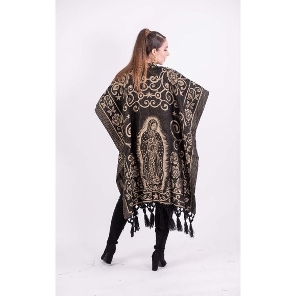 Mexican Our Lady of Guadalupe Poncho Cream Black